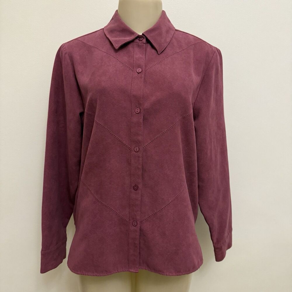 Relativity Button Up Faux Suede Blouse Sz PM Mauve Pink Purple Long Sleeve
